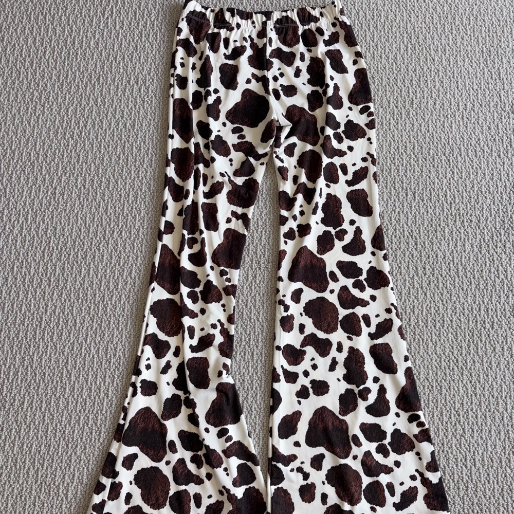 Kids Cow Print Flared Pants - White and Brown